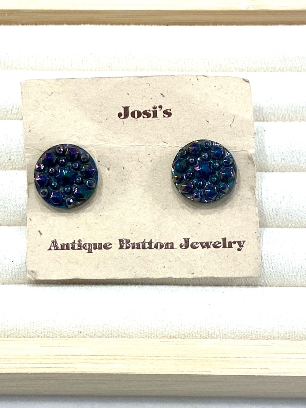 Antique Iridescent Blue Button Stud Earrings